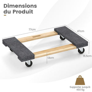 Carrello da trasporto con 4 ruote universali 77x47 cm carretti in legno di acacia per mobili portata 450 kg attrezzo di sollevamento per trasloco 20_0005161