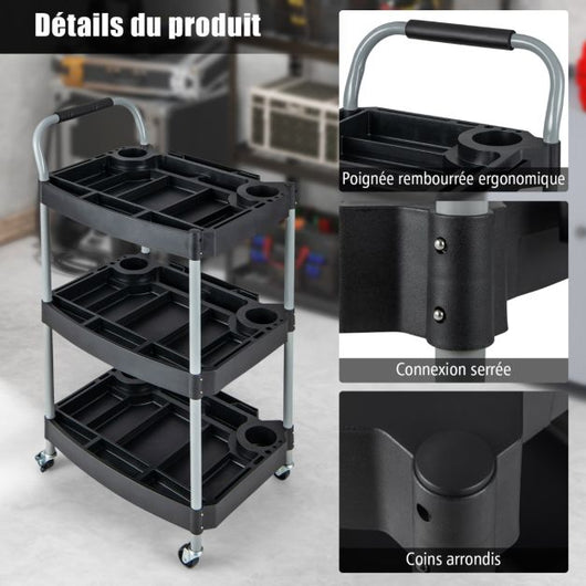 Carrello da officina a 3 livelli con ruote universali carrello portautensili con rotelle portata separatori multipli 45 kg 59 x 45 x 107 cm nero 20_0008252