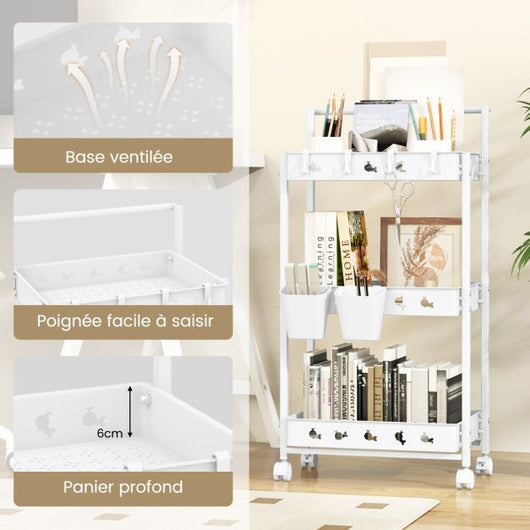 Carrello portaoggetti mobile a 3 livelli Carrello multiuso con 3 contenitori e 4 ganci Organizer mobile con maniglia Bianco 20_0008233