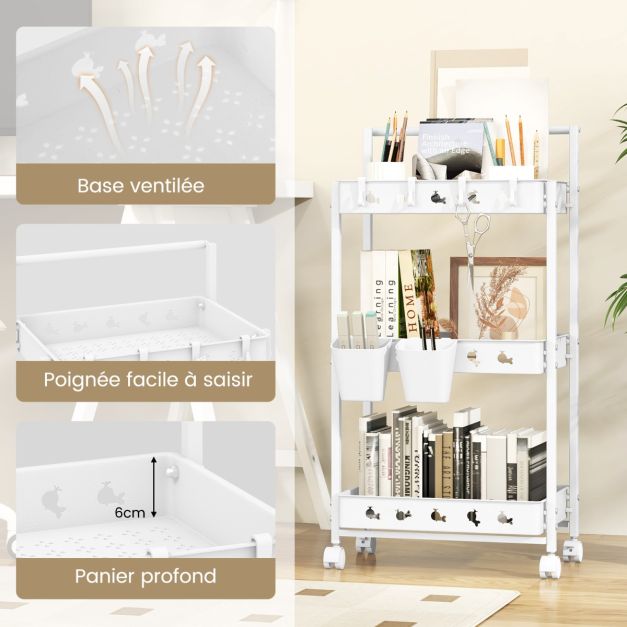 Carrello portaoggetti mobile a 3 livelli Carrello multiuso con 3 contenitori e 4 ganci Organizer mobile con maniglia Bianco 20_0008233
