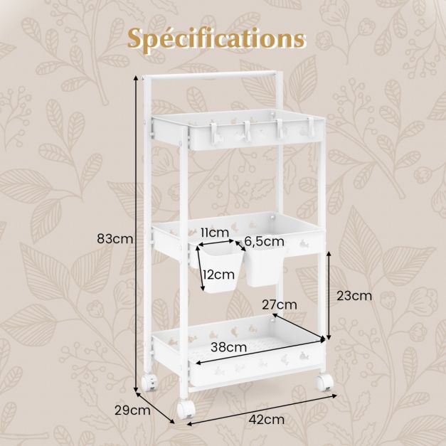 Carrello portaoggetti mobile a 3 livelli Carrello multiuso con 3 contenitori e 4 ganci Organizer mobile con maniglia Bianco 20_0008233