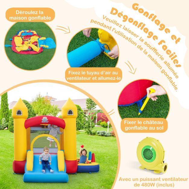 Castello Gonfiabile per Bambini 6 in 1 con Ventilatore da 480 Watt Casa Gonfiabile in Tessuto Oxford con Piscina di Palline Canestro da Basket Scivolo 50 Palline per Giardino dai 3+20 Anni_0008267