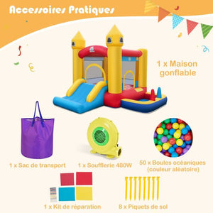 Castello Gonfiabile per Bambini 6 in 1 con Ventilatore da 480 Watt Casa Gonfiabile in Tessuto Oxford con Piscina di Palline Canestro da Basket Scivolo 50 Palline per Giardino dai 3+20 Anni_0008267