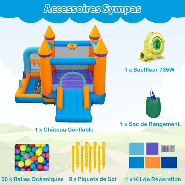 Castello gonfiabile 5 in 1 con scivolo a ventaglio Casa gonfiabile per saltare con piscina di palline Canestro da basket 50 palline oceaniche carico 90 kg 20_0005701