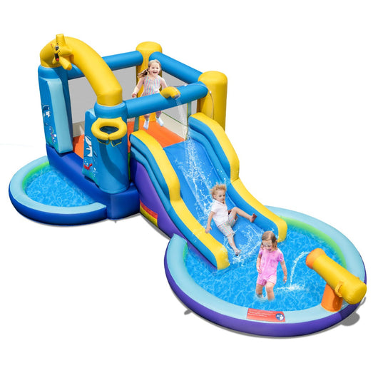 Castello gonfiabile sull'oceano 6 in 1 con ventilatore, scivolo acquatico da 680 watt e 2 piscine, casa gonfiabile, carico 90 kg 20_0005718