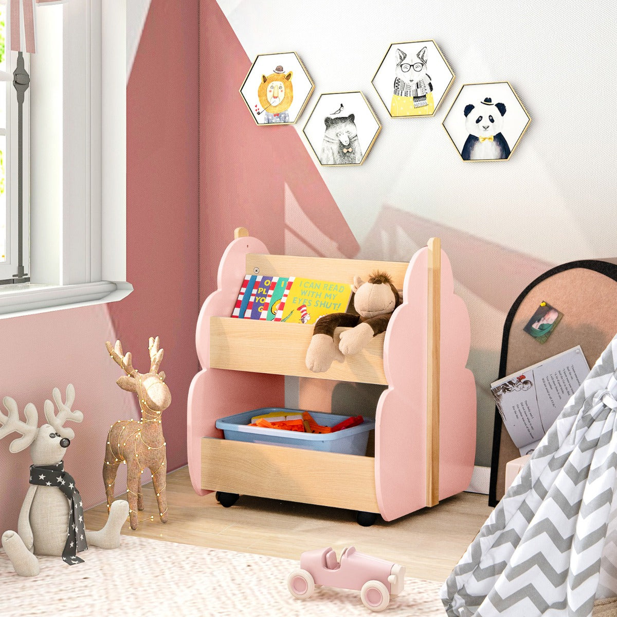 Libreria in legno per bambini con organizzatore di libri-Scaffale di stoccaggio a 2 livelli 52x46x62,5cm Rosa