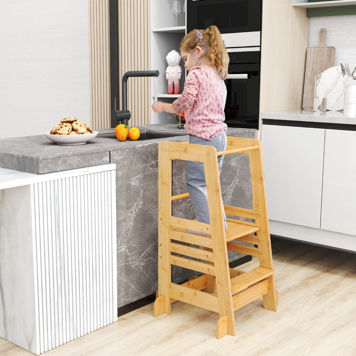 Torre per bambini in piedi da cucina in bamb¨´ per bambini con altezza regolabile, Torre protezioni di sicurezza-Tavoli e sedie