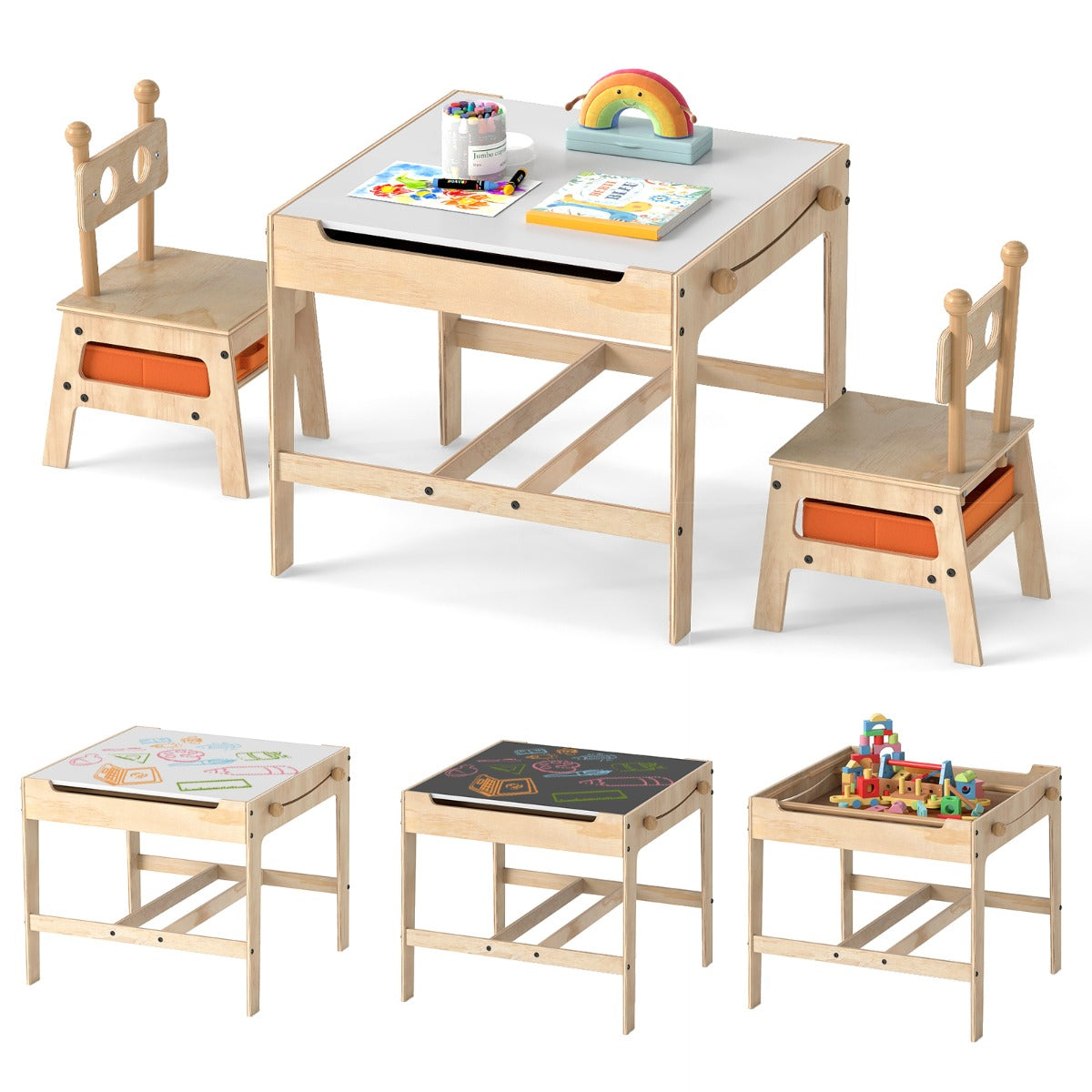 Set tavolo e sedie per bambini con lavagna reversibile bianca e nera per arti, Tavolo mobiletto in legno per bambini-Tavoli e sedie