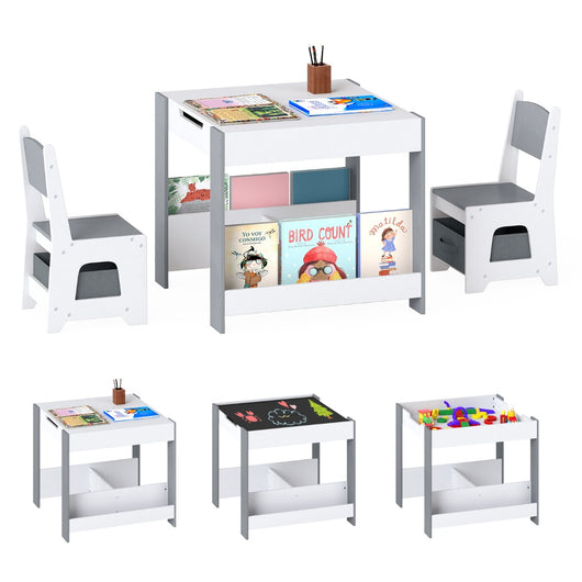 Set tavolo e sedie per bambini per bambini con piano reversibile, Set tavolo scaffali e cassetti per disegno Grigio-Tavoli e sedie
