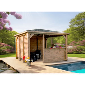 Chiosco bar pool house da giardino in legno termotrattato 379x379 cm  gazebo con tetto ACP  2 pareti con ventelle + 2 pareti bar  THB3535.CCVV Foresta