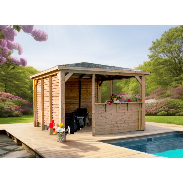 Chiosco bar pool house da giardino in legno termotrattato 379x379 cm  gazebo con tetto ACP  2 pareti con ventelle + 2 pareti bar  THB3535.CCVV Foresta