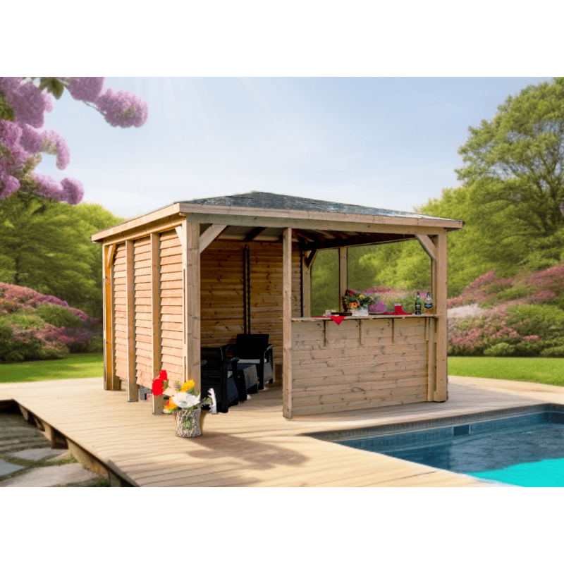 Chiosco bar pool house da giardino in legno termotrattato 379x379 cm  gazebo con tetto ACP  2 pareti con ventelle + 2 pareti bar  THB3535.CCVV Foresta