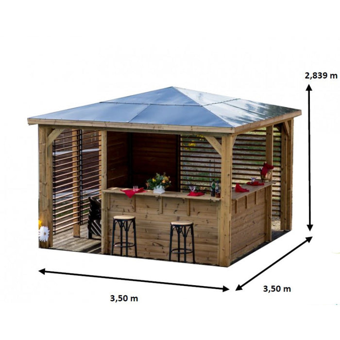 Chiosco bar pool house da giardino in legno termotrattato 379x379 cm  gazebo con tetto ACP  2 pareti con ventelle + 2 pareti bar  THB3535.CCVV Foresta