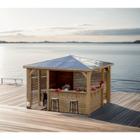 Chiosco bar pool house da giardino in legno termotrattato 379x379 cm  gazebo con tetto ACP  2 pareti con ventelle + 2 pareti bar  THB3535.CCVV Foresta