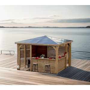 Chiosco bar pool house da giardino in legno termotrattato 379x379 cm  gazebo con tetto ACP  2 pareti con ventelle + 2 pareti bar  THB3535.CCVV Foresta