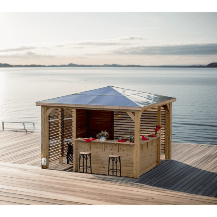 Chiosco bar pool house da giardino in legno termotrattato 379x379 cm  gazebo con tetto ACP  2 pareti con ventelle + 2 pareti bar  THB3535.CCVV Foresta