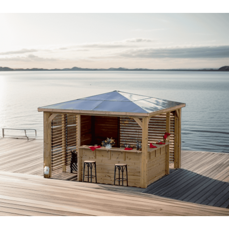 Chiosco bar pool house da giardino in legno termotrattato 379x379 cm  gazebo con tetto ACP  2 pareti con ventelle + 2 pareti bar  THB3535.CCVV Foresta