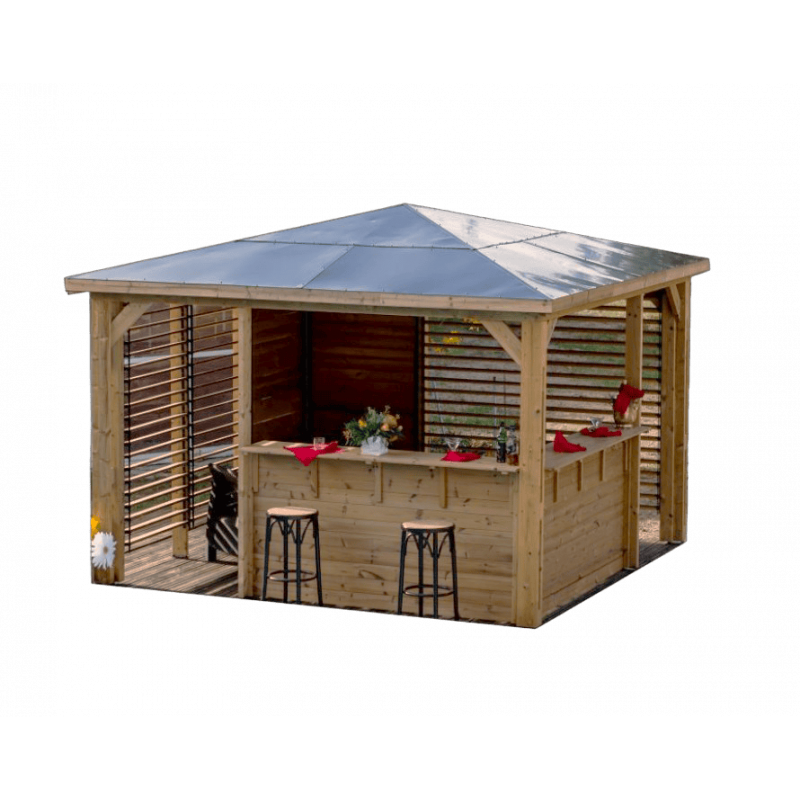 Chiosco bar pool house da giardino in legno termotrattato 379x379 cm  gazebo con tetto ACP  2 pareti con ventelle + 2 pareti bar  THB3535.CCVV Foresta