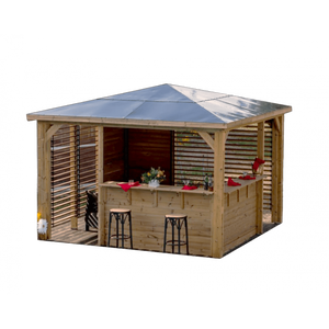 Chiosco bar pool house da giardino in legno termotrattato 379x379 cm  gazebo con tetto ACP  2 pareti con ventelle + 2 pareti bar  THB3535.CCVV Foresta