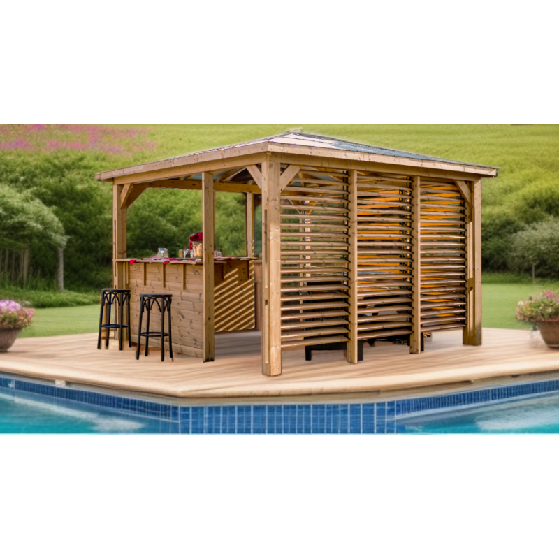 Chiosco bar pool house da giardino in legno termotrattato 379x379 cm  gazebo con tetto ACP  2 pareti con ventelle + 2 pareti bar  THB3535.CCVV Foresta