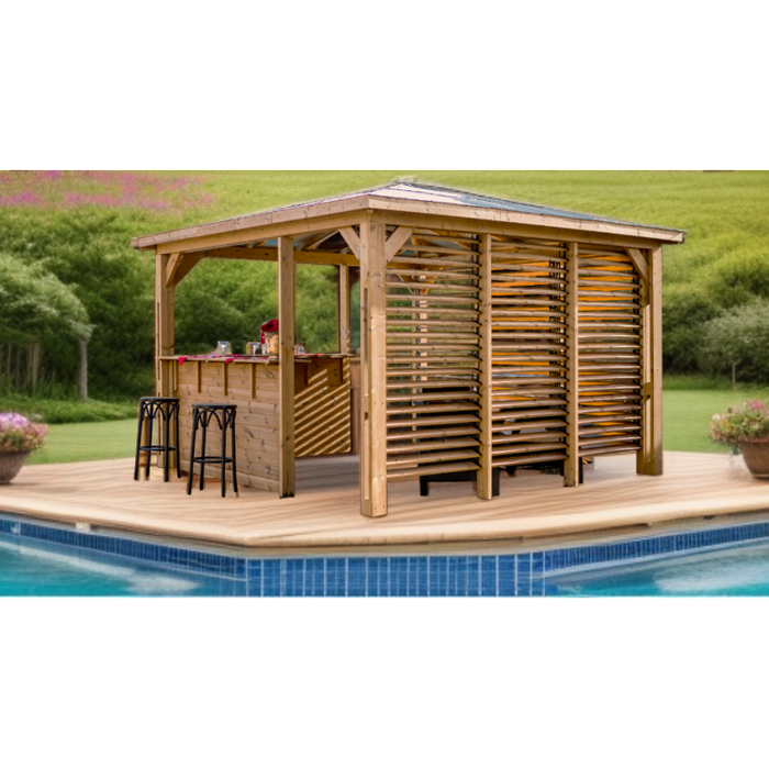 Chiosco bar pool house da giardino in legno termotrattato 379x379 cm  gazebo con tetto ACP  2 pareti con ventelle + 2 pareti bar  THB3535.CCVV Foresta
