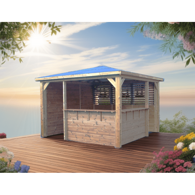 Chiosco bar pool house da giardino in legno termotrattato 379x379 cm  tetto ACP  gazebo con 2 pareti bar + 1 ventelle + 1 lambris  THB3535.CCVB Foresta