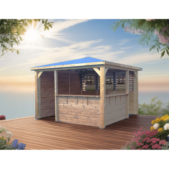 Chiosco bar pool house da giardino in legno termotrattato 379x379 cm  tetto ACP  gazebo con 2 pareti bar + 1 ventelle + 1 lambris  THB3535.CCVB Foresta