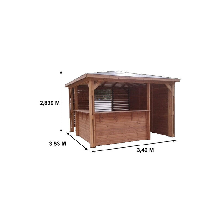 Chiosco bar pool house da giardino in legno termotrattato 379x379 cm  tetto ACP  gazebo con 2 pareti bar + 1 ventelle + 1 lambris  THB3535.CCVB Foresta