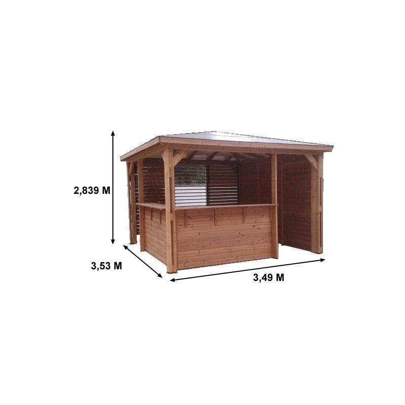 Chiosco bar pool house da giardino in legno termotrattato 379x379 cm  tetto ACP  gazebo con 2 pareti bar + 1 ventelle + 1 lambris  THB3535.CCVB Foresta