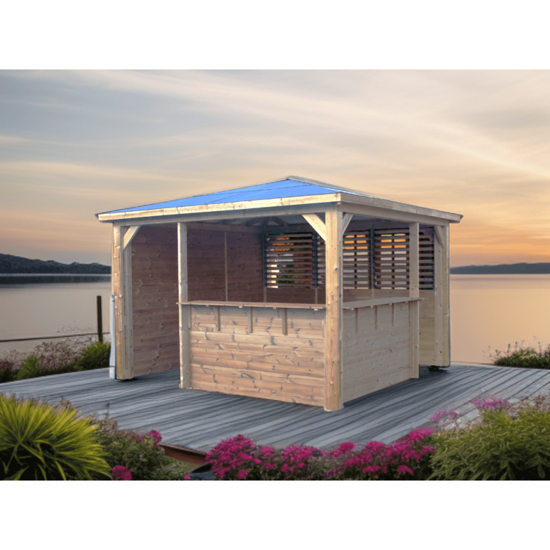 Chiosco bar pool house da giardino in legno termotrattato 379x379 cm  tetto ACP  gazebo con 2 pareti bar + 1 ventelle + 1 lambris  THB3535.CCVB Foresta