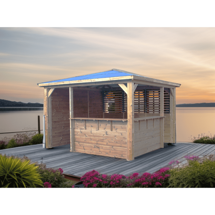 Chiosco bar pool house da giardino in legno termotrattato 379x379 cm  tetto ACP  gazebo con 2 pareti bar + 1 ventelle + 1 lambris  THB3535.CCVB Foresta