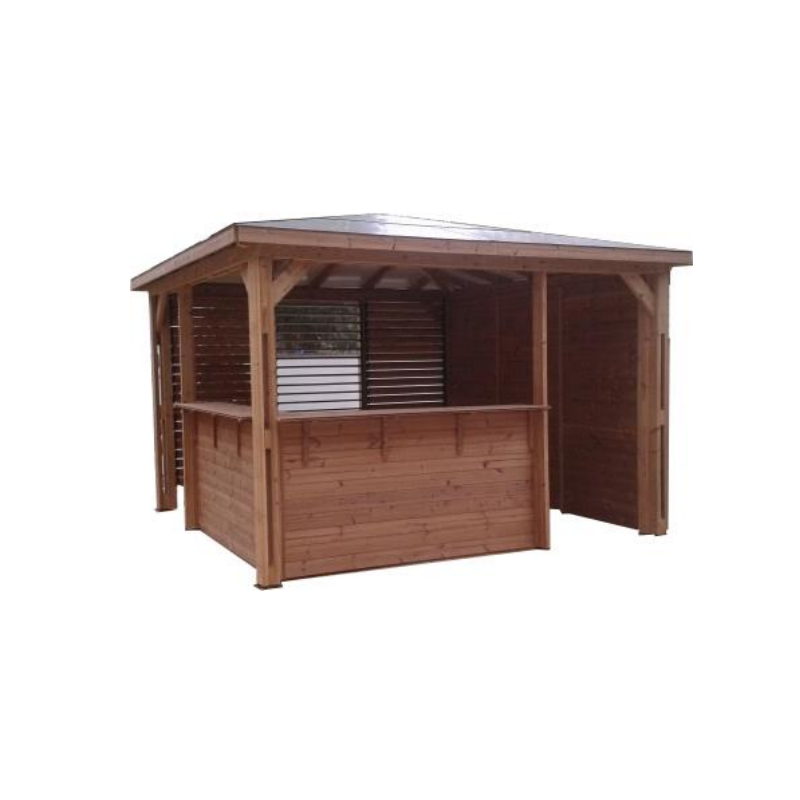 Chiosco bar pool house da giardino in legno termotrattato 379x379 cm  tetto ACP  gazebo con 2 pareti bar + 1 ventelle + 1 lambris  THB3535.CCVB Foresta