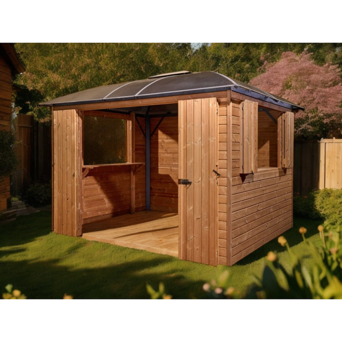 Chiosco bar pool house gazebo da giardino 360x300 cm – Abete termotrattato e tetto policarbonato 6 mm – Struttura alluminio – GL3630TH Foresta