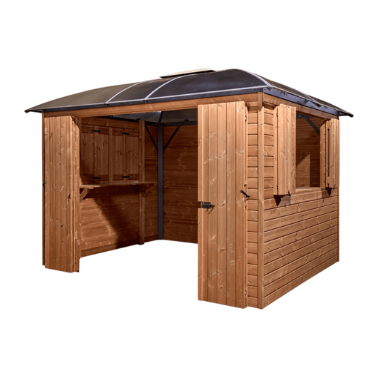 Chiosco bar pool house gazebo da giardino 360x300 cm – Abete termotrattato e tetto policarbonato 6 mm – Struttura alluminio – GL3630TH Foresta