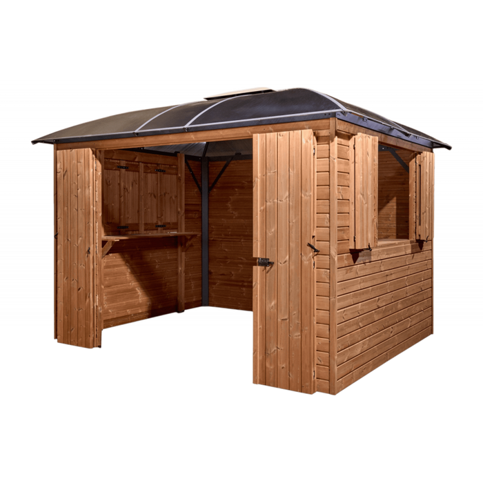 Chiosco bar pool house gazebo da giardino 360x300 cm – Abete termotrattato e tetto policarbonato 6 mm – Struttura alluminio – GL3630TH Foresta