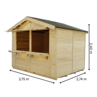 Chiosco casetta per mercatini in legno 360x240 cm con banco – Pareti 20 mm – Tetto bitume rosso – AD3624.01 Foresta