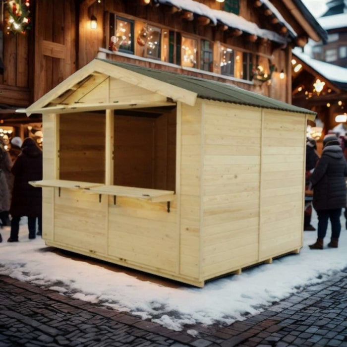 Chiosco casetta per mercatini in legno abete 300x240 cm – Spessore pareti 20 mm – Con bancone e tetto bituminoso – ST3024.01 Foresta