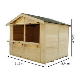 Chiosco casetta per mercatini in legno abete 300x240 cm – Spessore pareti 20 mm – Con bancone e tetto bituminoso – ST3024.01 Foresta