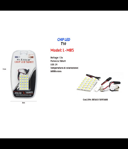 Chip Led 24 Led Per Interni Auto Luce Fredda 6000k 5 Watt 12 V T10 Maxtech L-m05         