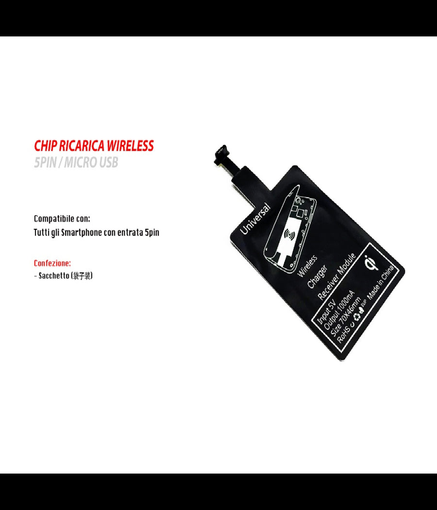 Chip Ricarica Wireless Adattatore 5pin Micro Usb Universale Ricevitore 1000mah Maxtech         