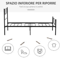 Struttura Letto Singolo in Acciaio 90x200cm con Doghe, Testiera e Pediera, Nero