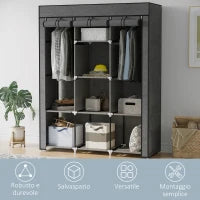 Guardaroba in Tessuto non Tessuto e Acciaio con 8 Ripiani e 2 Barre, 125x43x162.5 cm, Grigio Carbone