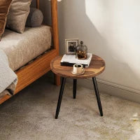 Tavolino da Caffè Rotondo con Bordo Rialzato e 3 Gambe, in Legno e Acciaio, Ø40x39 cm, Nero e color Legno