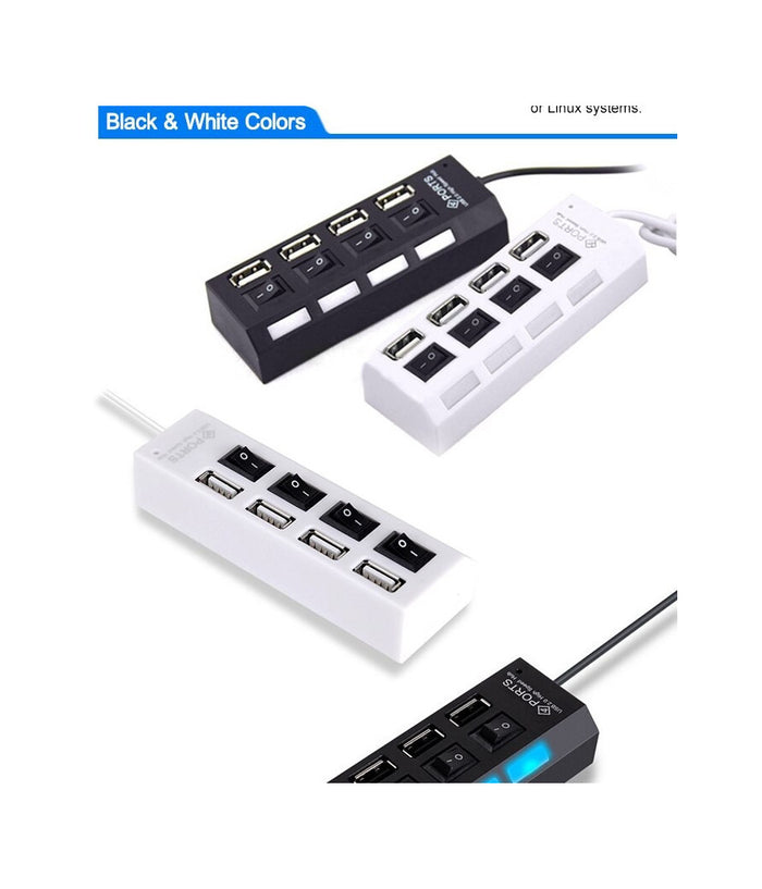 Ciabatta Usb Multipresa Hub Con 4 Porte Usb 2.0 Nera O Bianca E Led Blu         