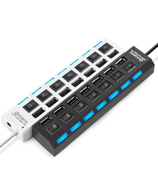 Ciabatta Usb Multipresa Hub Con 7 Porte Usb 2.0 Nera O Bianca E Led Blu         
