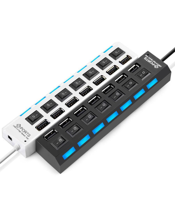 Ciabatta Usb Multipresa Hub Con 7 Porte Usb 2.0 Nera O Bianca E Led Blu         