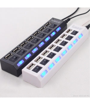 Ciabatta Usb Multipresa Hub Con 7 Porte Usb 2.0 Nera O Bianca E Led Blu         