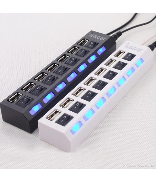 Ciabatta Usb Multipresa Hub Con 7 Porte Usb 2.0 Nera O Bianca E Led Blu         