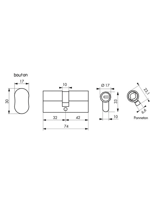 Cilindro europeo Federal S -  40BX30mm a pomolo  nichel, anti-sfilamento, anti-perforazione, 5 chiavi reversibili - THIRARD
