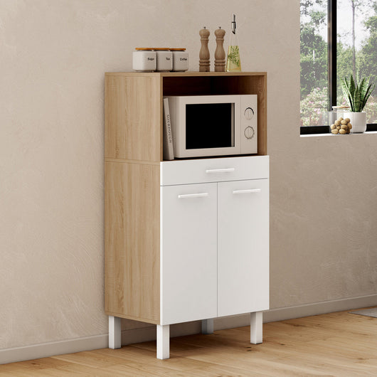 IDMarket - CINA 60 cm midway high cassettiera da cucina per microonde 1 cassetto 2 ante finitura faggio e bianco